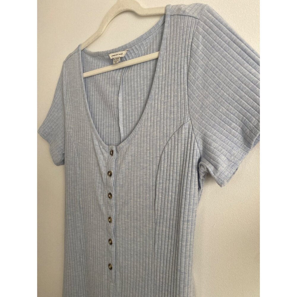 American Eagle Women's Blue Ribbed Short Sleeve Button Front Romper Size XL - Picture 3 of 5